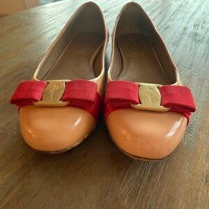 Salvatore Ferragamo Tan and Red Flats with Gold Accent